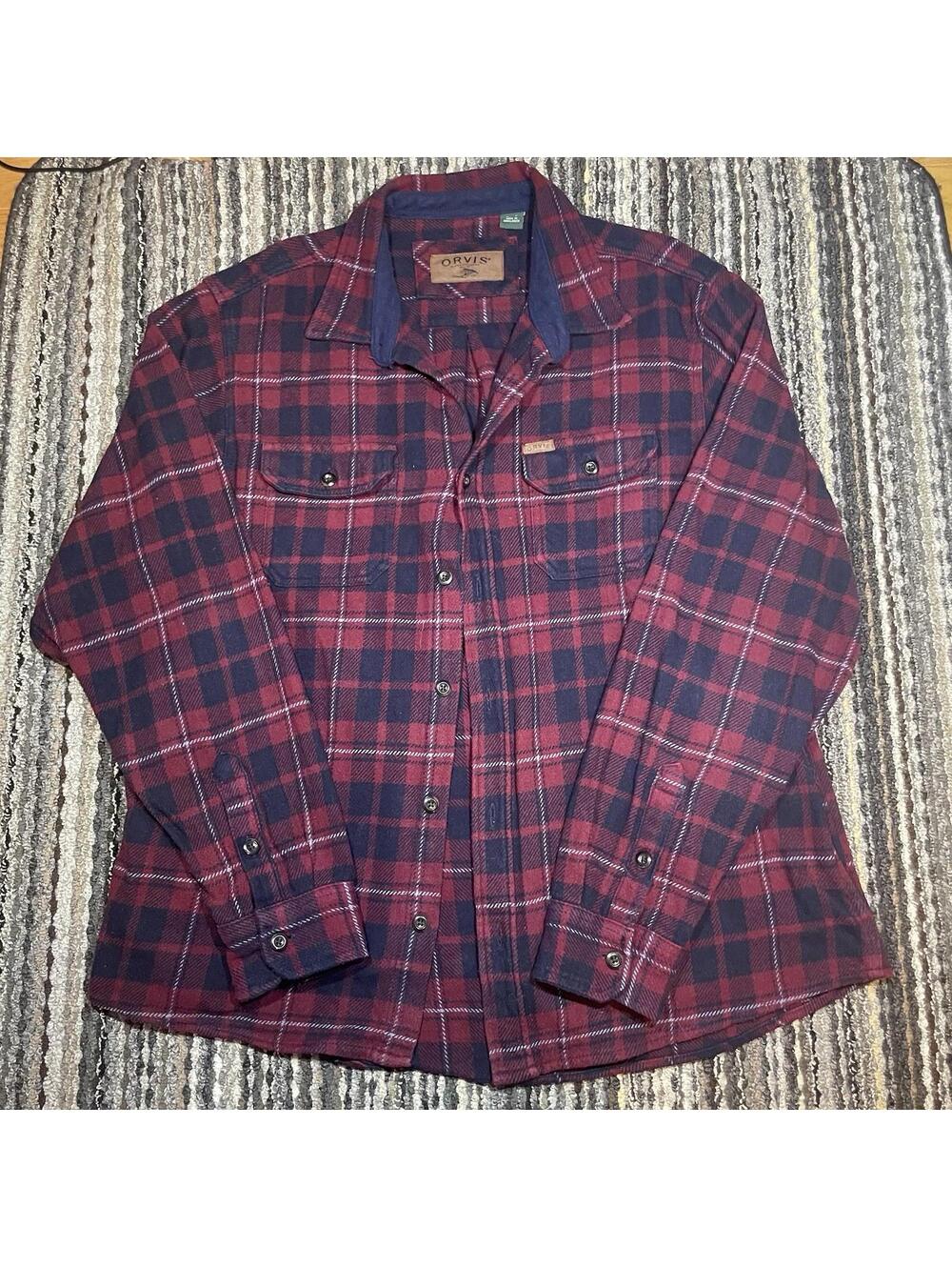 ORVIS Heavyweight Red Blue Flannel Shirt Jacket Plaid Shacket Men's XLPockets